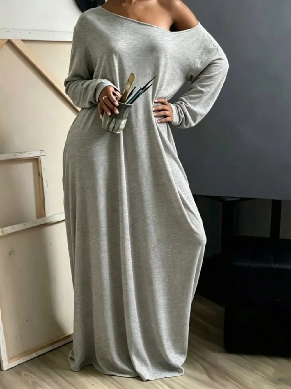 Grey Casual Women's Asymmetrical Shoulder Long Dress